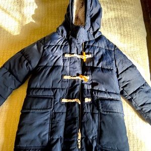 Mini Boden warm puffer jacket with pink and gold detail.